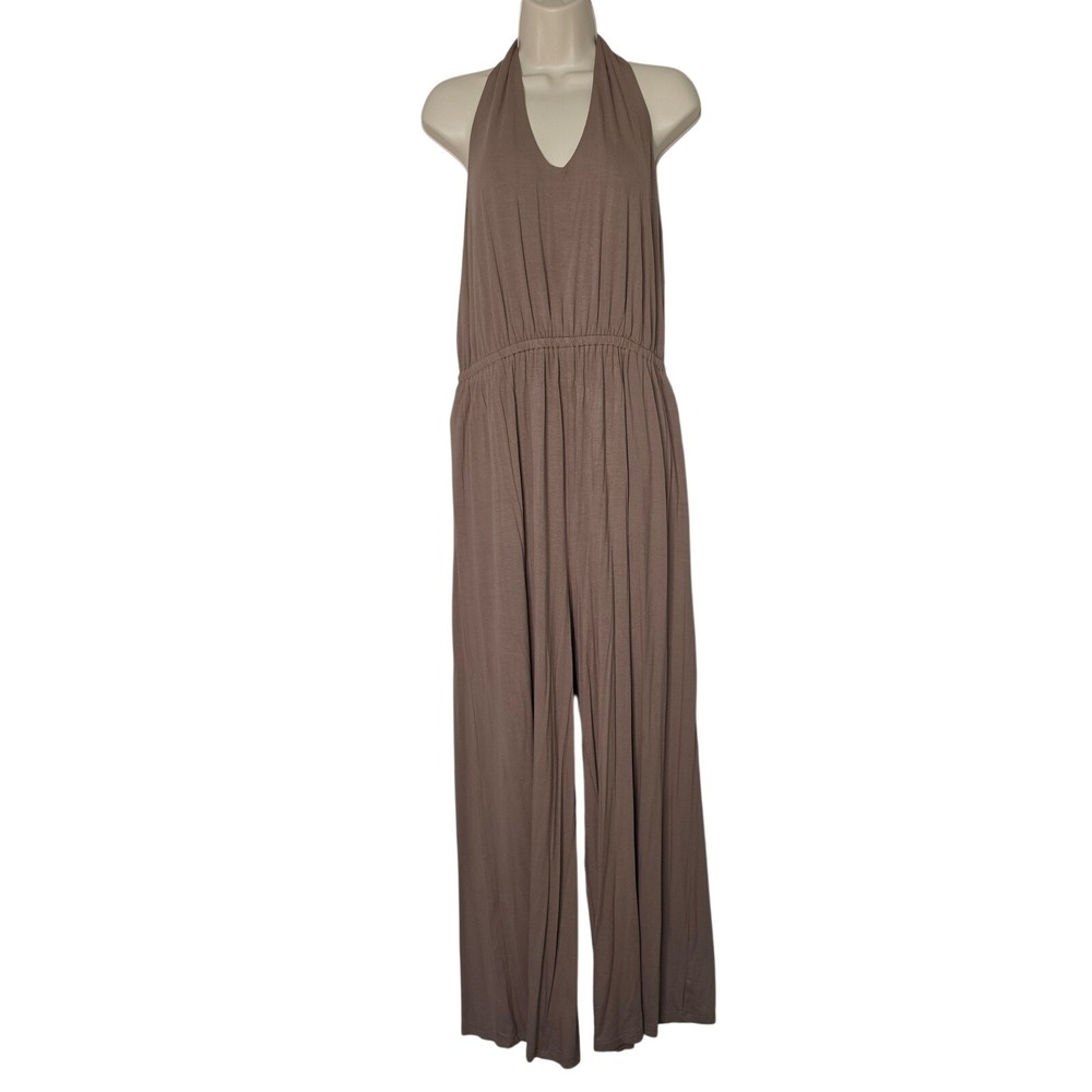 Old Navy Jumpsuit Womens L Brown Halter Wide Leg Jersey Knit Pockets Stretch